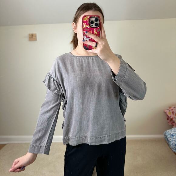 Two by Vince Camuto Gray Boxy Ruffled Long Sleeve Blouse - Picture 1 of 6
